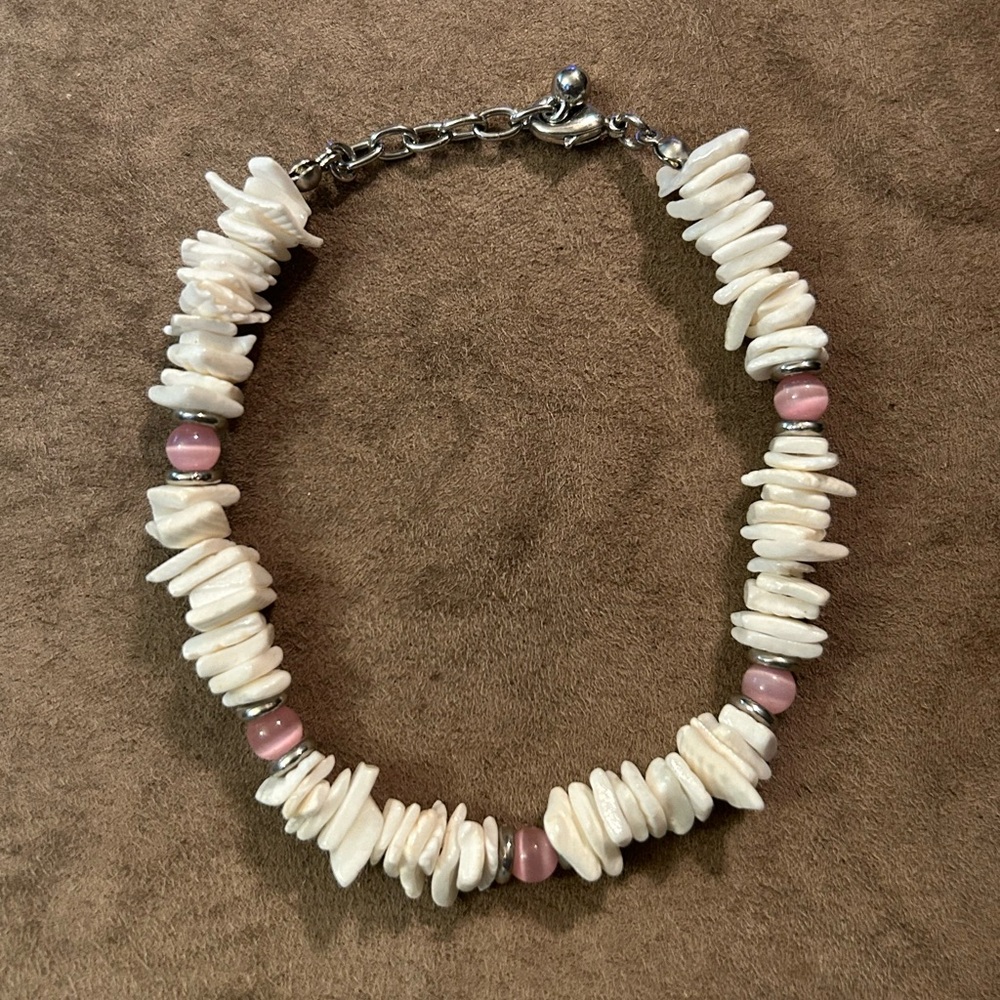 White Puka Shell and Pink Bead Bracelet